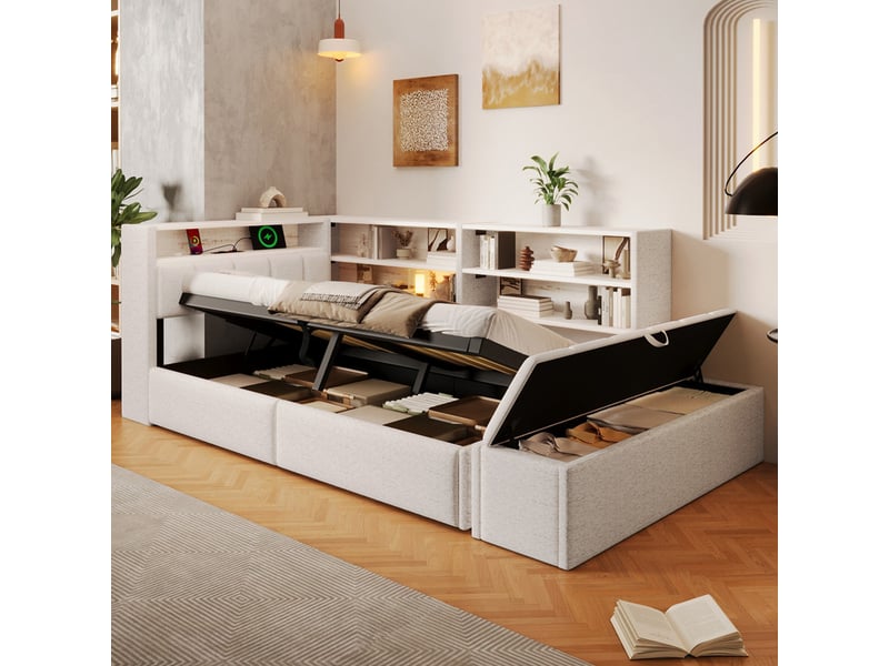  Canapé-lit, 90 x 200 cm, coffre de rangement, prise électrique, élément de rangement latéral, velours, blanc  - Conforama D
