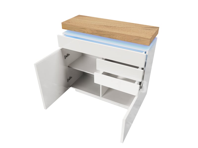 Buffet et enfilade avec 2 portes, 3 tiroirs et led, étagères réglables, en panneaux de particules, 110×39×115 cm, blanc - uvrion - Conforama A