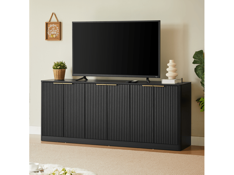  Buffet ulevr 170 cm à 6 portes avec rangement, mdf noir, panneau ondulé, utilisable comme meuble tv  - Conforama E