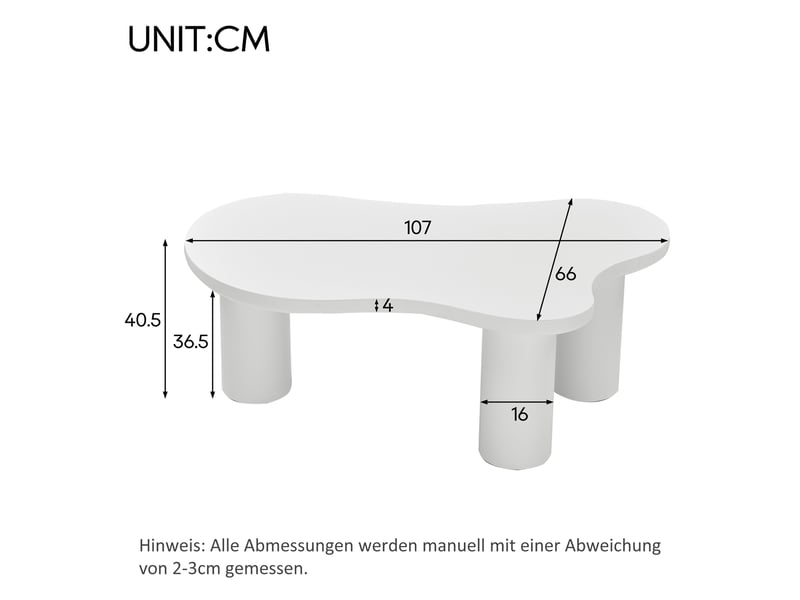  Table basse irrégulière en forme de nuage, plateau en mdf et pieds en pvc, avec patin en feutre, blanc  - Conforama C