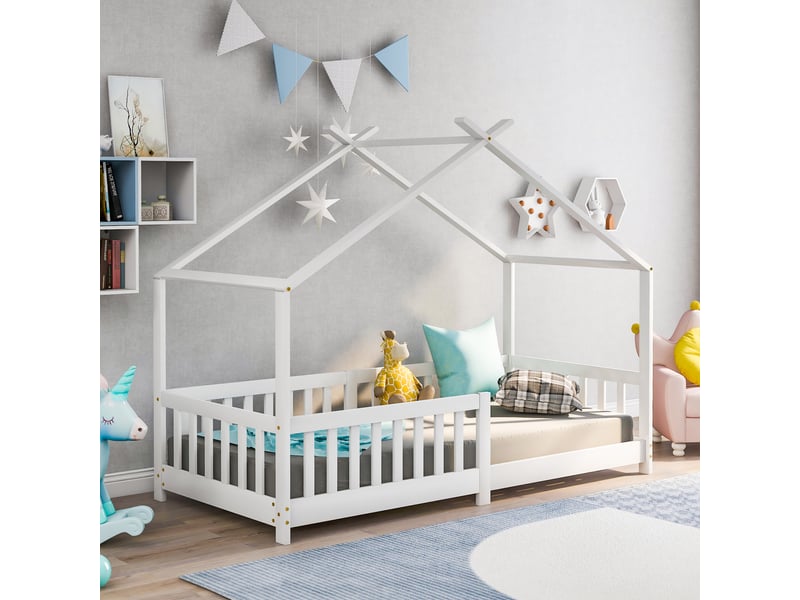 Lit enfant 90x200 cm, forme maison, barrières de sécurité, sommier à lattes, pin massif, blanc OMNIGLINT TRADING LTD - Conforama D