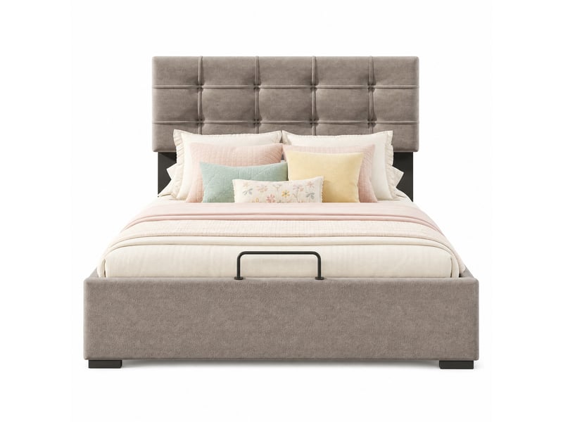  Lit coffre tcqpz 90 x 200 cm avec tête de lit réglable velours gris clair  - Conforama A