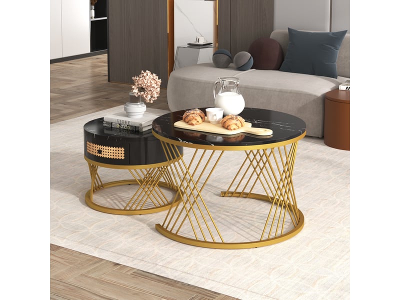  Table basse ronde 2-en-1 70x70-50x50 cm, plateau effet marbre, tiroirs rotin, poignées bois, pieds dorés, mdf noir  - Conforama E
