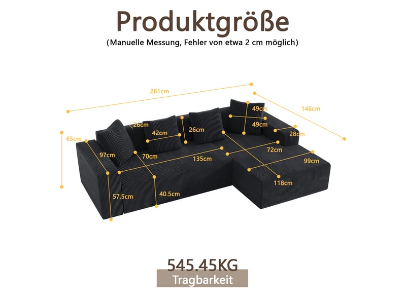  Canapé d'angle modulable 3 places noir en velours côtelé avec méridienne, 261 x 146 x 65 cm  - Conforama E