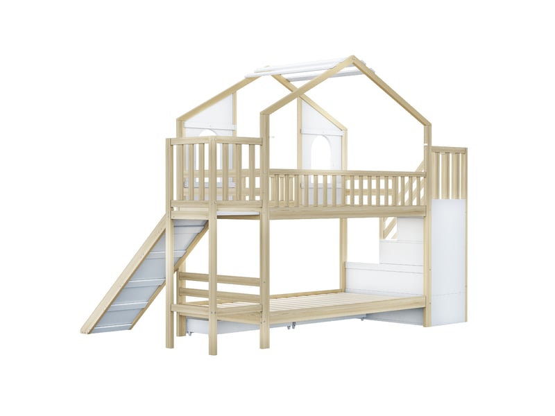  Lit superposé enfant 90 x 200 cm, en forme de maison avec fenêtres incurvées, avec échelle et tiroir de rangement, lit double, coloris bois  - Conforama E