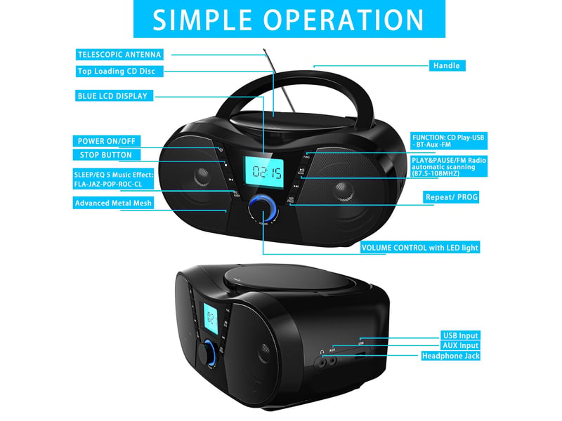  Lecteur cd avec bluetooth et radio fm stéréo – son cristallin, entrée usb et aux-in  - Conforama C