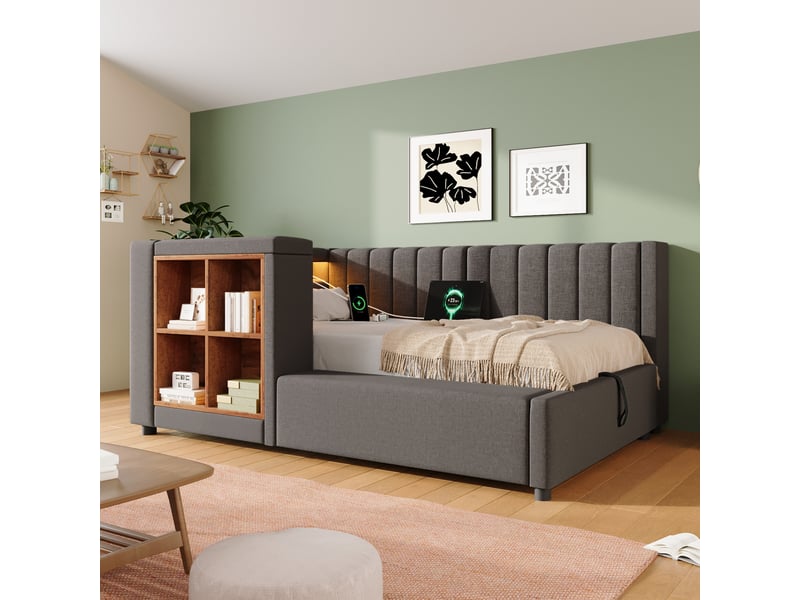  Lit coffre simple 90x190 cm, tête de lit réversible, 4 niches de rangement,lit banquette avec led par appli, usb et type-c, lin, gris Morn Vibe - Conforama B