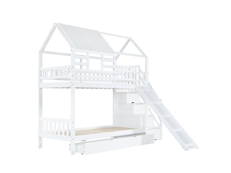  Lit cabane superposé en bois 90x200 cm avec toboggan, escalier et tiroirs - style ludique enfant  - Conforama A