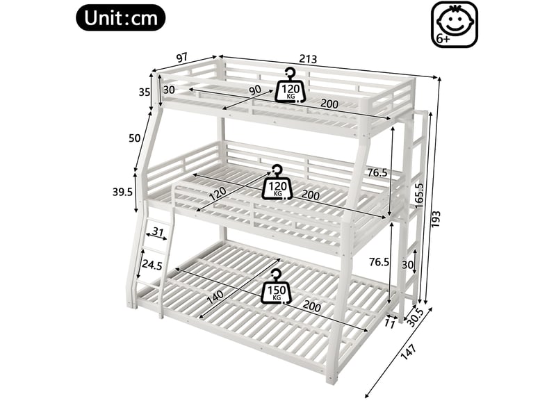  Lit superposé triple 140x200 cm en métal blanc, échelle réversible et barrières de sécurité, sans matelas  - Conforama C