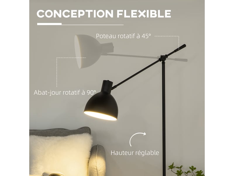 Lampadaire sur pied salon 40 w hauteur réglable, abat-jour et bras orientable, interrupteur à pied, noir, culot e27  - Conforama D