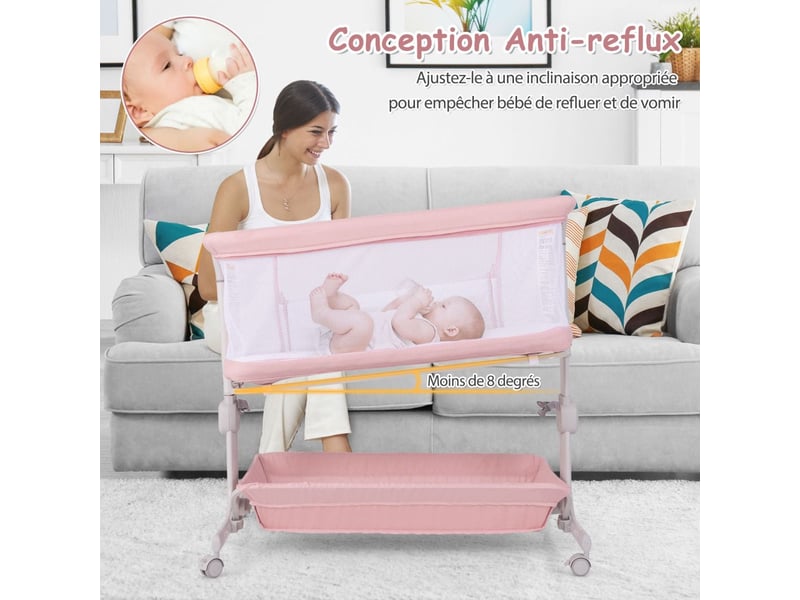 Costway lit cododo bébé pliable, hauteur réglable, matelas, inclinaison & 2 sangles, roues avec frein (rose) - Conforama C
