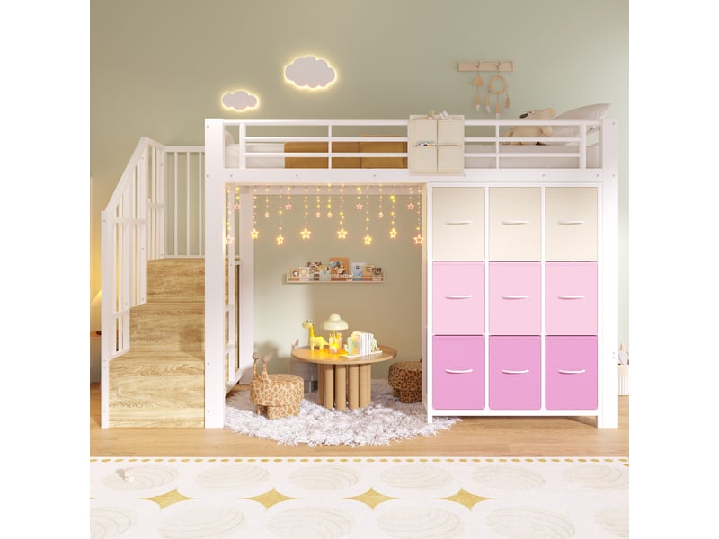  Lit mezzanine 90x200 cm en métal et mdf avec tiroirs, penderie et escalier de rangement blanc chicfurn  - Conforama D