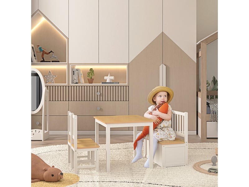  Ensemble table chaises enfant 4 pièces, table, 2 chaises + banc rangement. Dès 3 ans, chambresalle de jeux, blanc et naturel.  - Conforama B