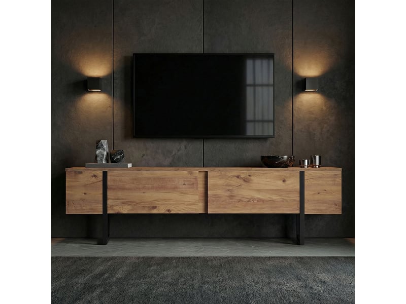  Support tv mobile moderne avec portes onera et pieds noirs - bois neutre  - Conforama D