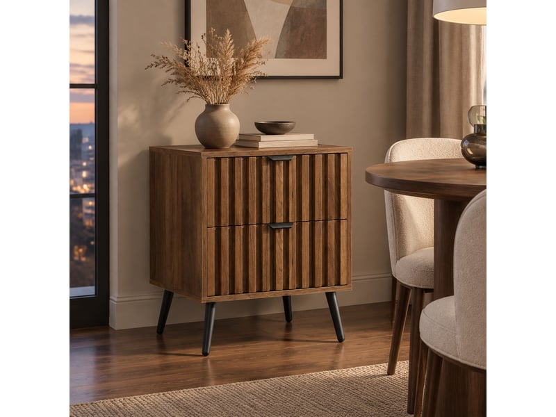  Table de chevet, avec 2 tiroirs, pieds en métal et style moderne, pour chambre et salon, mdf, noyer, 45×40×53 cm  - Conforama B
