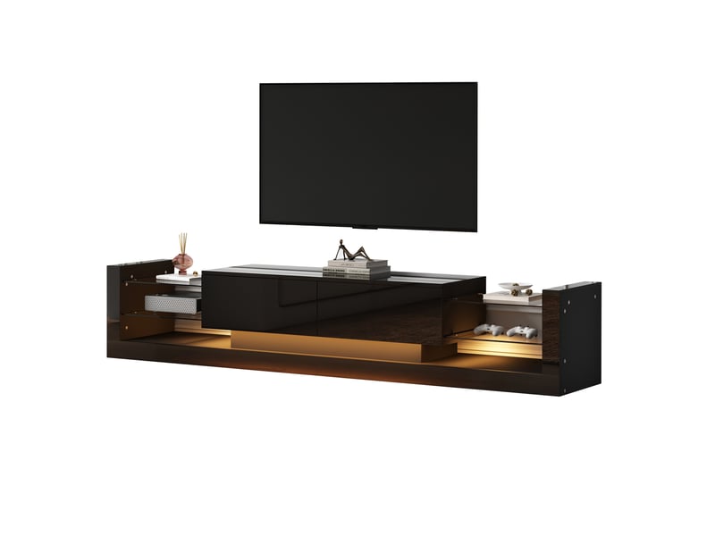  Meuble tv noir brillant avec éclairage led et façade en verre 181 x 38 x 38 cm  - Conforama A