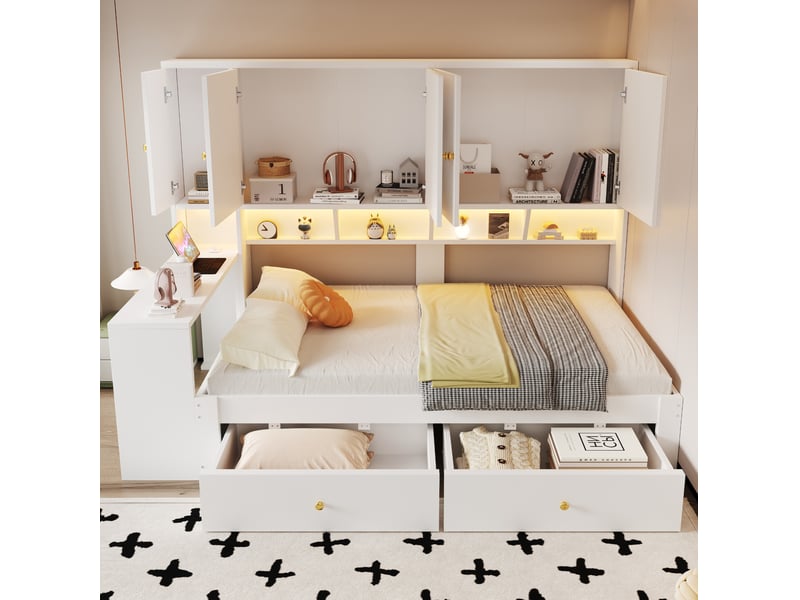  Lit multifonction 90x200 cm blanc avec bureau, rangements, led et prises  - Conforama E