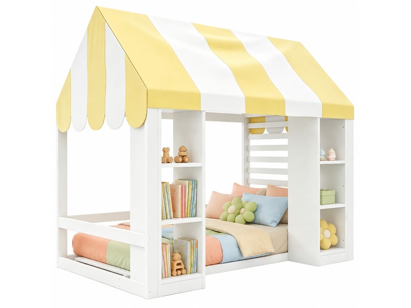  Lit enfant surélevé 90 x 200 cm avec baldaquin, rangements ouverts blanc  - Conforama A