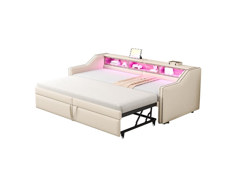  Modenvie banquette lit gigogne 90180x200 cm - rangement lateral, led et port usb, matelas inclus - beige  - Conforama A