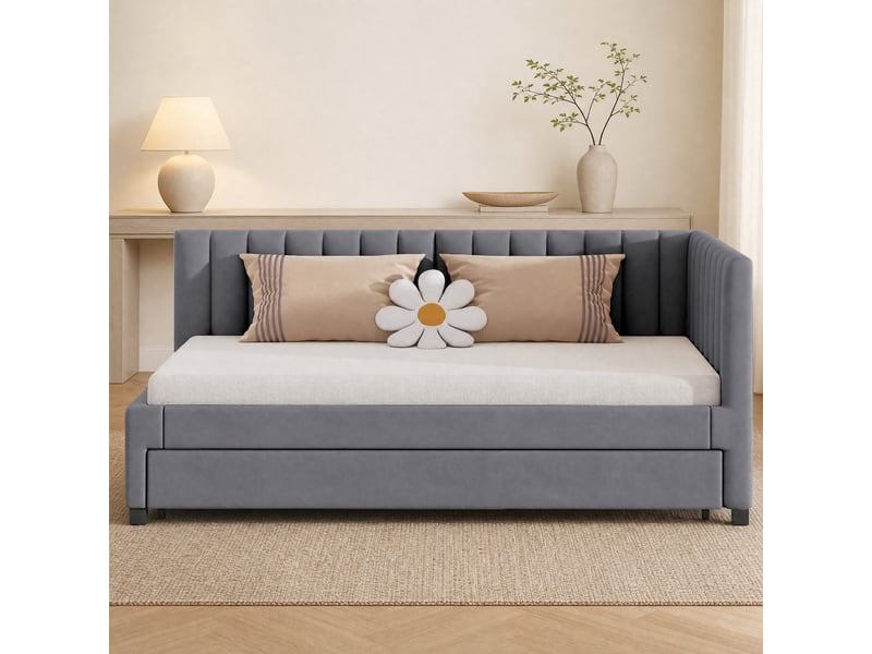 Lit banquette 200×90 cm avec couchage gigogne, sommier à lattes, sans matelas, en velours gris - Conforama B