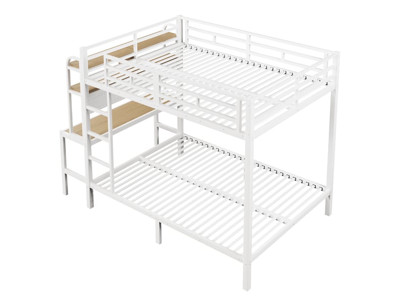  Lit superposé, 140 x 200 cm, structure en fer, compartiment de rangement, bureau, éclairage led, port usb, barrière de sécurité, échelle, sans matelas, blanc  - Conforama E
