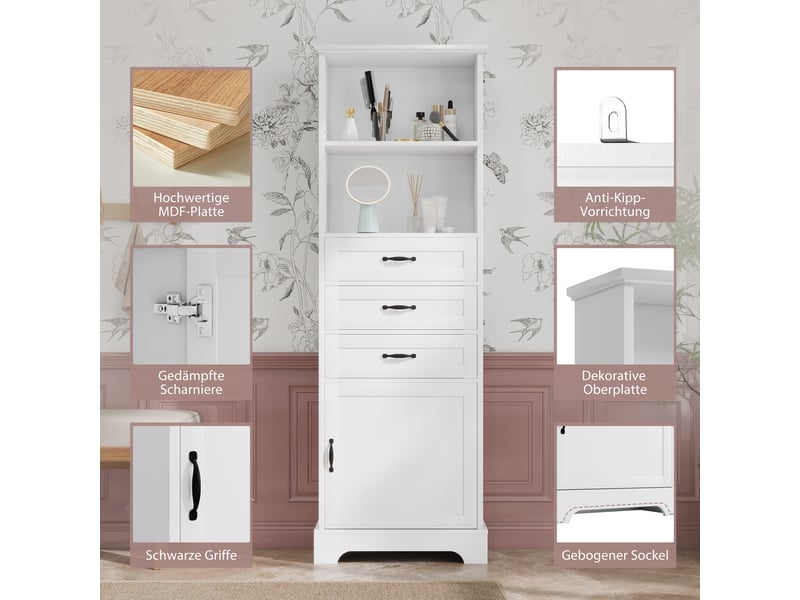  Meuble de salle de bain 1 porte 3 tiroirs en mdf blanc 56 x 25.6 x 167 cm  - Conforama D
