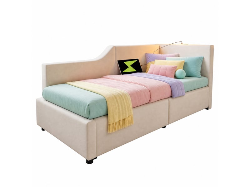 Lit banquette 1 place 90x200 cm en velours avec coffre, lampe de lecture et usb-c, sans matelas, beige  - Conforama A