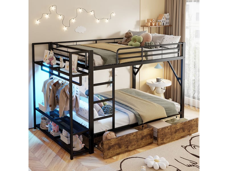  Lit superposé 140x200cm avec led et 2 tiroirs - lit double - cadre métal noir, multiples étagères de rangement, penderie intégrée  - Conforama B