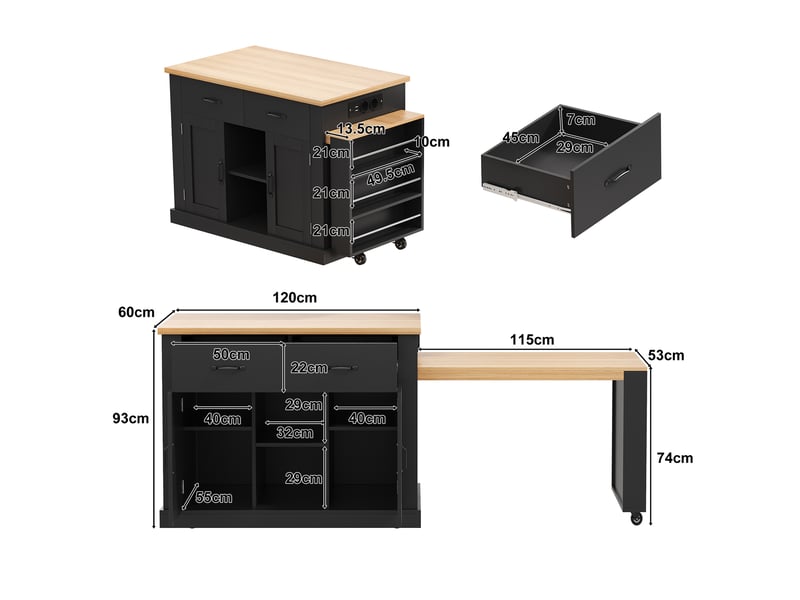 Îlot de cuisine avec table extensible, 2 portes, 2 tiroirs et prises usb, pour cuisine, mdf noir, 132 × 70 × 90 cm - Conforama D