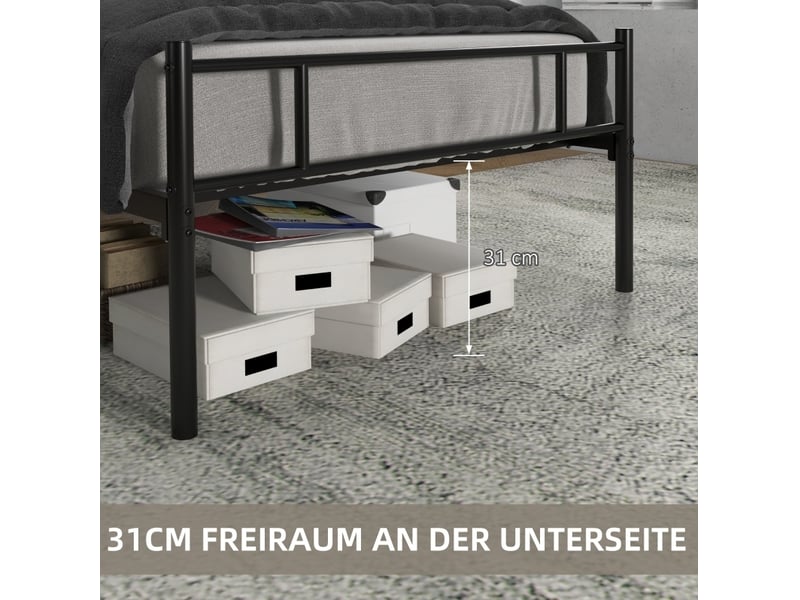  Lit simple 90 x 200 cm noir en métal, sommier à lattes intégré, tête et pied de lit, hauteur 106 cm  - Conforama E