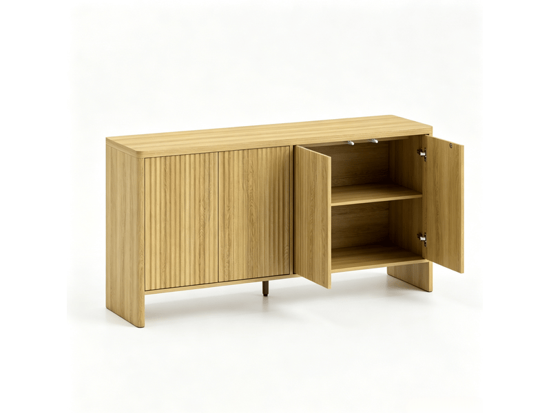  Buffet bas 4 portes en mdf décor chêne clair avec étagères réglables et ouverture par pression  - Conforama A