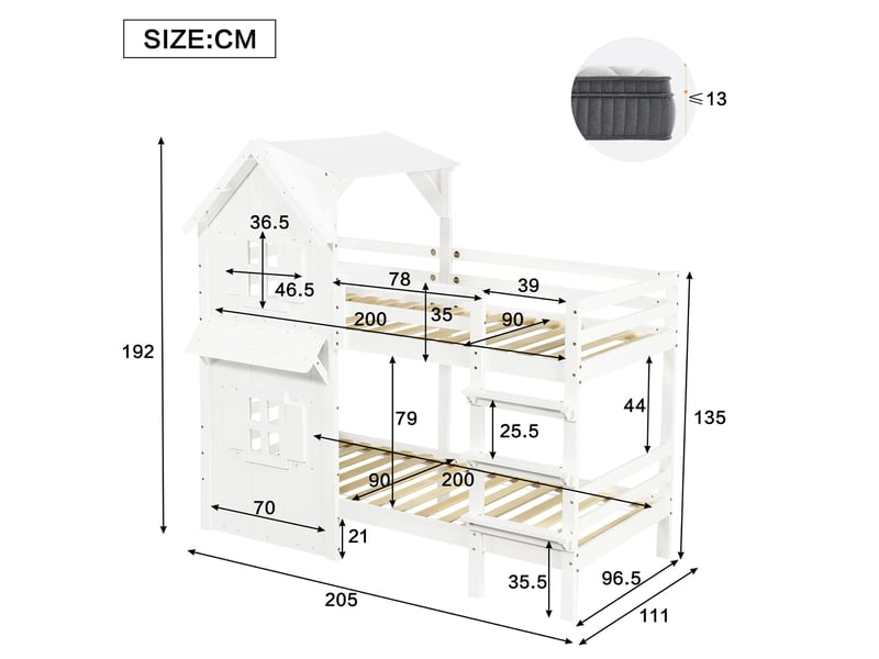  Lit superposé enfant 90x200 cm fenêtres, toit et échelle droite, sommier, mobilier chambre, mdf, blanc sans matelas  - Conforama C