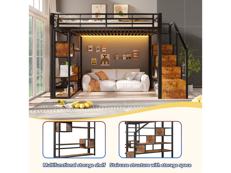  Lit mezzanine, 140 × 200 cm, noir, métal, led, étagères, barrières, marches, échelle, espace ouvert dessous, sans matelas  - Conforama D