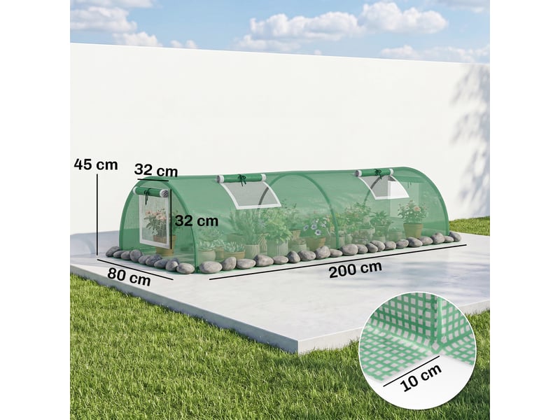  Mini serre de jardin mini serre tunnel à tomates 200 x 80 x 45 cm acier pe anti-uv 4 portes en filet enroulables vert  - Conforama E
