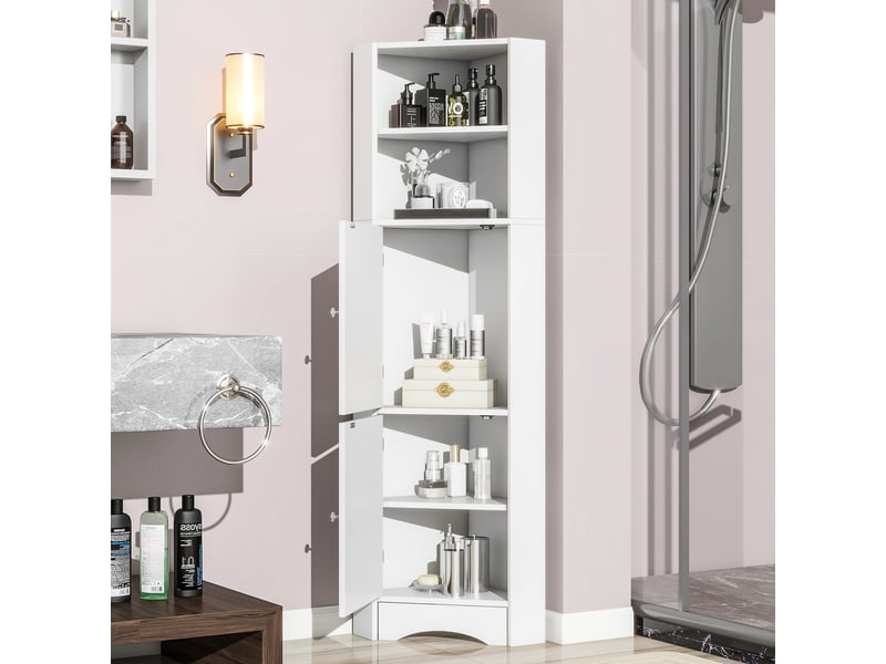  Meuble de salle de bain d'angle avec 2 compartiments, niche ouverte et étagère réglable, 36,5 x 36,5 x 155 cm, blanc  - Conforama D