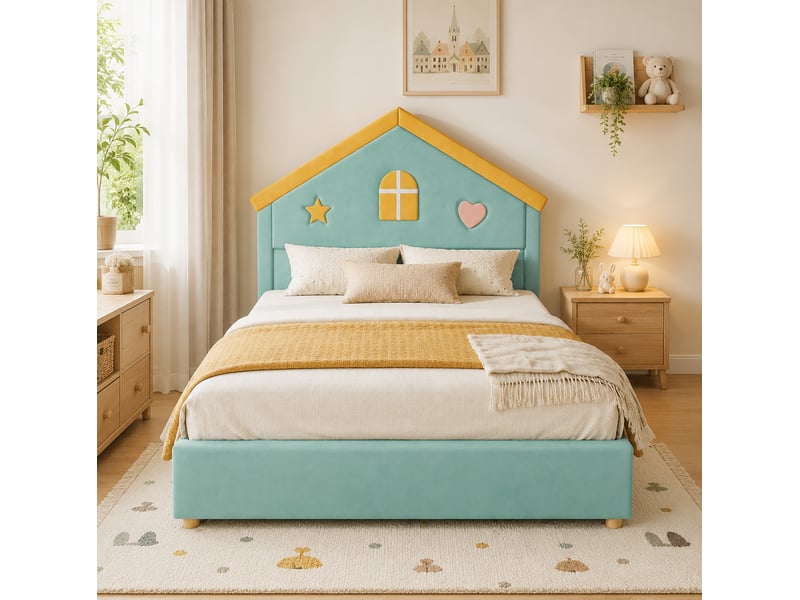 Lit enfant maison 140 x 200 cm bleu-vert avec 4 tiroirs, tête de lit maison et revêtement en velours français - Conforama D