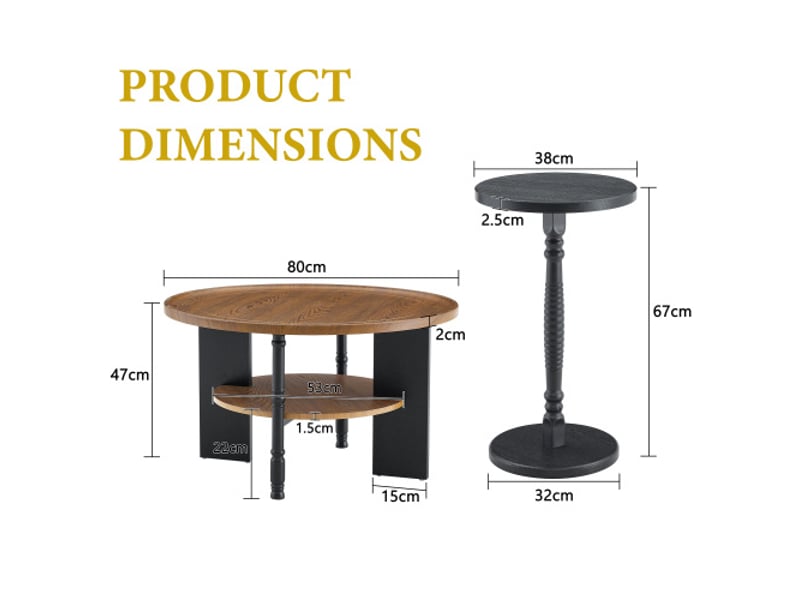  Ensemble 2 tables basses rondes 80 cm avec rangement et table d'appoint 38 cm – mdfpvc – salon et chambre – emballage  - Conforama C