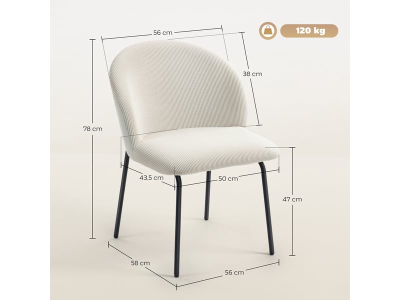  Lot de 2 chaises de salle à manger en velours côtelé, chaises de cuisine avec pieds en acier, 56x58x78cm, crème  - Conforama E