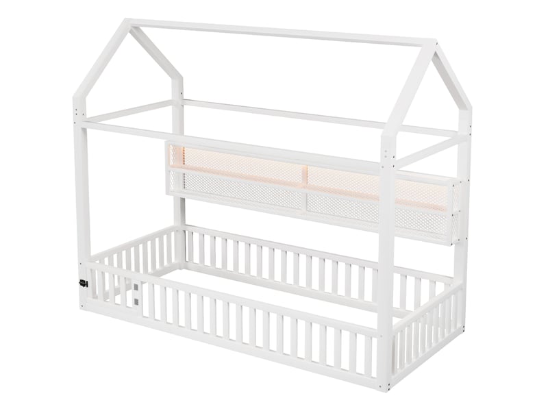 Elvmi lit enfant 90x200 cm en métal blanc, structure maison avec barrières de sécurité et éclairage led 7 couleurs, lit plateforme avec toit décoratif, cadre robuste pour chambre d’enfant, dimensions 204 x 95 x 170 cm - Conforama A