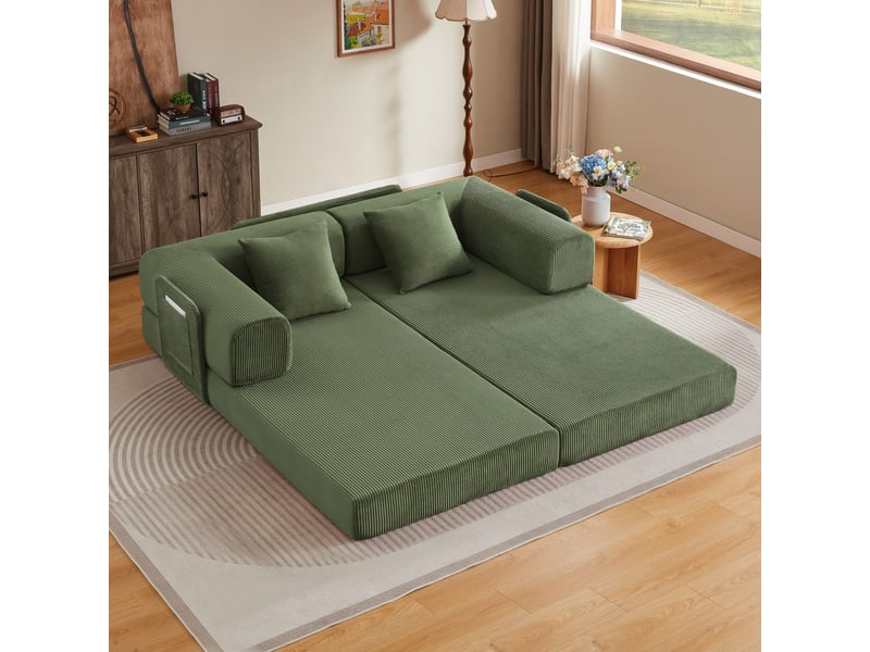  Canapé-lit convertible canapé modulable canapé au sol 2 places canapé compressé en velours côtelé avec poches, vert  - Conforama D