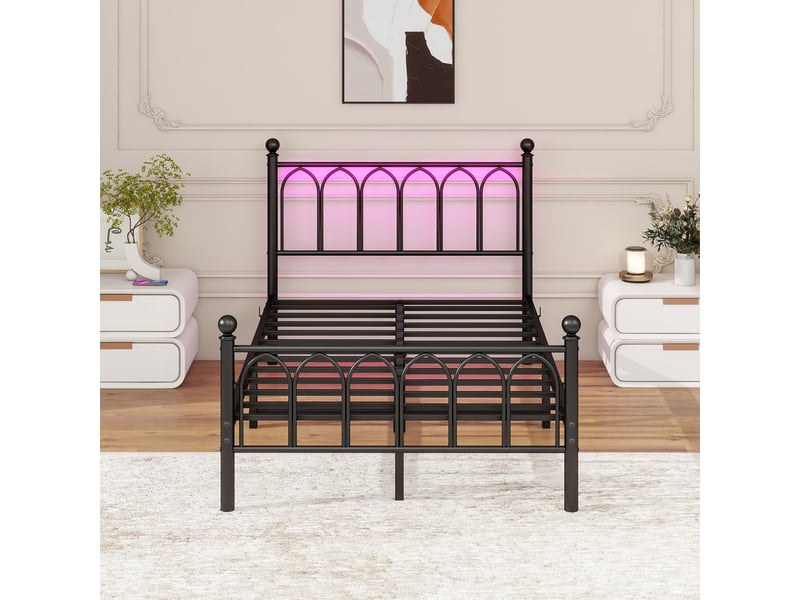  Lit simple 120x200 cm avec led et usb-c, cadre de lit adulte en métal avec tête et pied de lit vintage, lit 1 personne, noir  - Conforama W