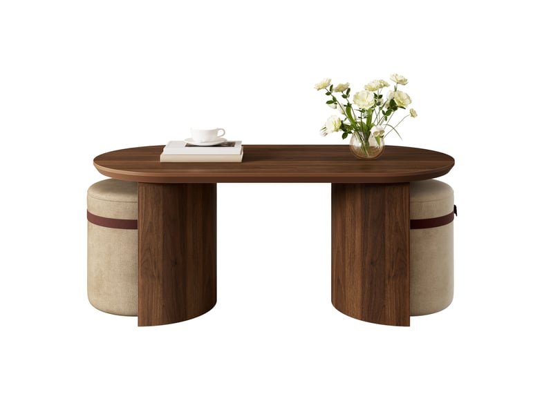  Table basse ovale avec 2 tabourets rembourrés, plateau mdf, style moderne pour salon, noyer 108 × 50 × 44 cm  - Conforama A