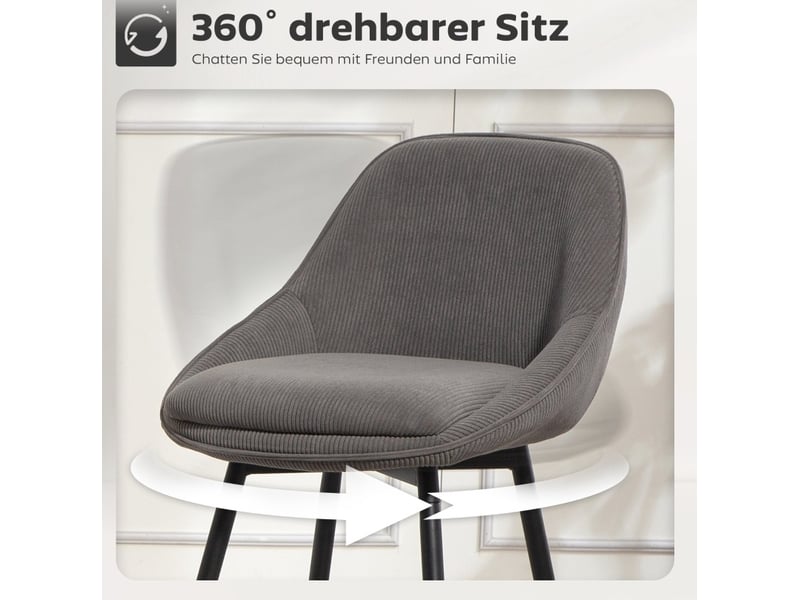 Tabouret de bar lot de 2 pivotant à 360° avec accoudoirs, dossier et repose-pieds en velours côtelé gris - Conforama E