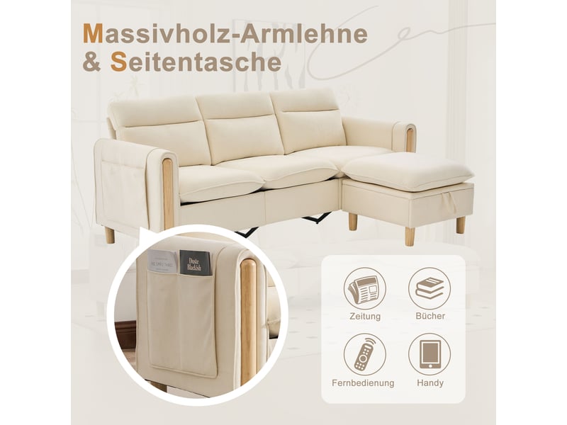 Canapé d'angle 3 places en tissu chenille beige, avec pouf à rangement, poches latérales, pieds en bois - Conforama E
