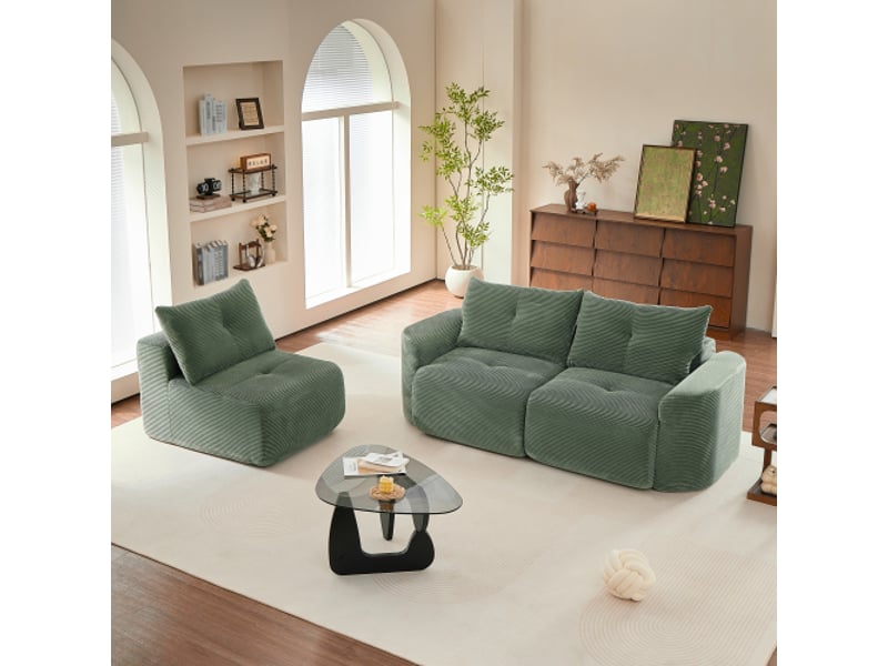 Canapé modulaire 3 places en tissu cordon style wabi-sabi, vert sauge, configuration 2+1 avec siège individuel amovible, design côtelé et arrondi - Conforama E