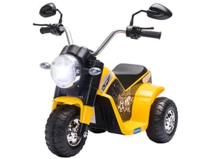 Moto électrique enfant chopper tout-terrain 6 v 20 w marche av ar 3 roues effets lumineux et sonores jaune noir