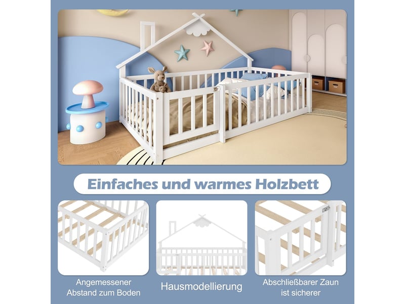  Lit cabane enfant 90x190, garde-corps haut sécurité renforcée lit enfant, structure bois massif, univers ludique  - Conforama E