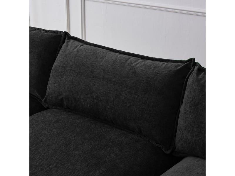  Méridienne canapé d'angle 3 places noir en tissu chenille avec pouf modulaire et rangement intégré pour salon moderne  - Conforama E