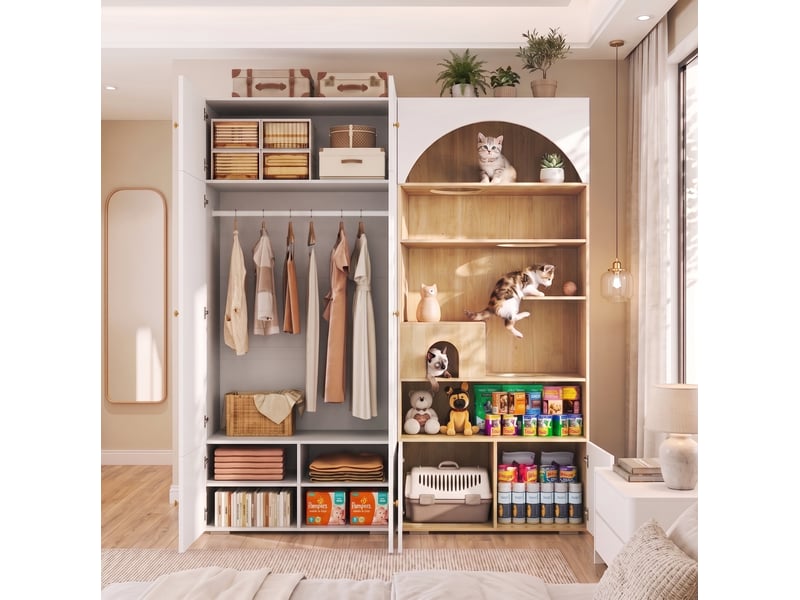  Armoire tcqpz 180 x 50 x 200 cm avec penderie et espace pour chats blanc effet bois  - Conforama B