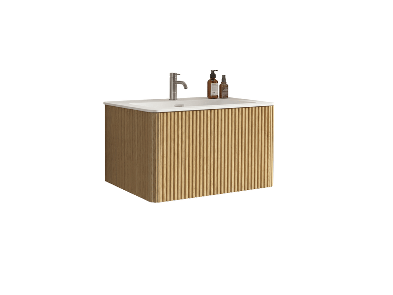  Meuble sous-vasque suspendu avec vasque en fonte minérale coloris chêne  - Conforama B